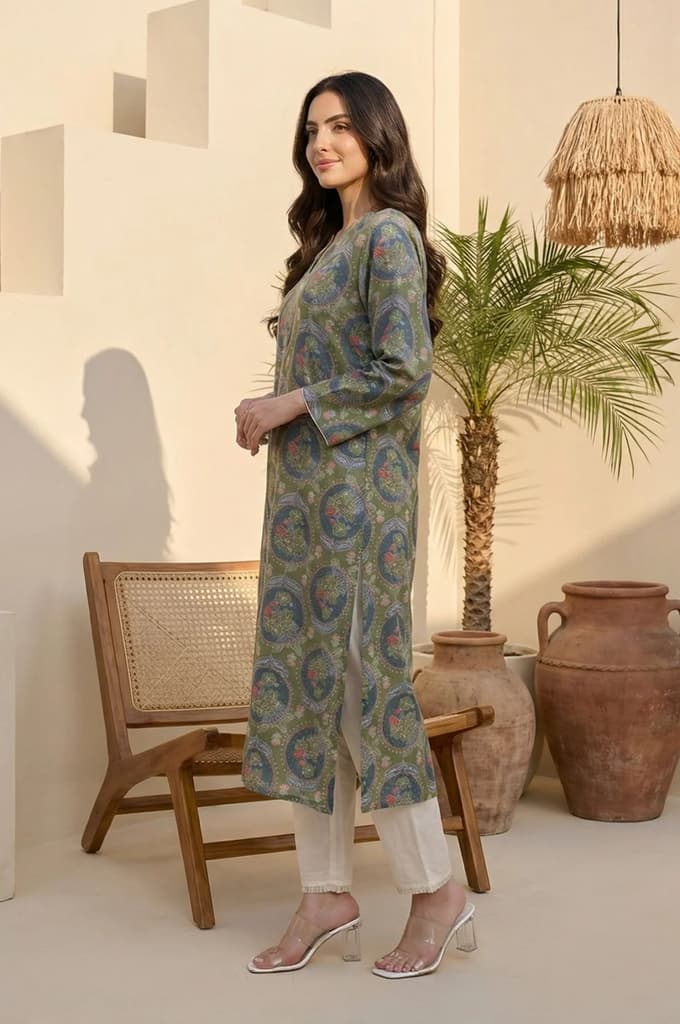 Green Floral Printed Modal Straight Kurta — photo 2