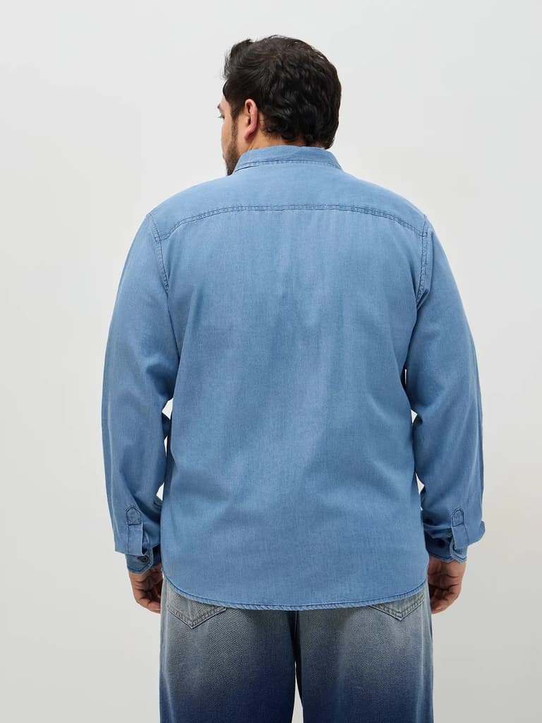 Plus Men's Light Blue Regular Fit Full Sleeve Solid Denim Shirt — photo 3