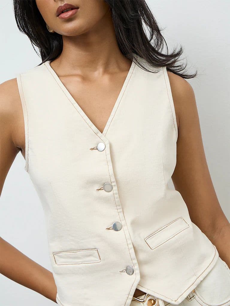 LOV Off-White Denim Waistcoat — photo 3