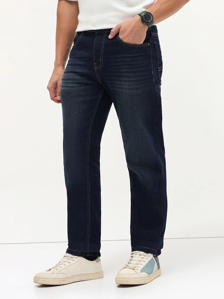 Men's Dark Blue Regular Fit Whisker Wash Yellow Tint Denim Jeans Stretchable — photo 3