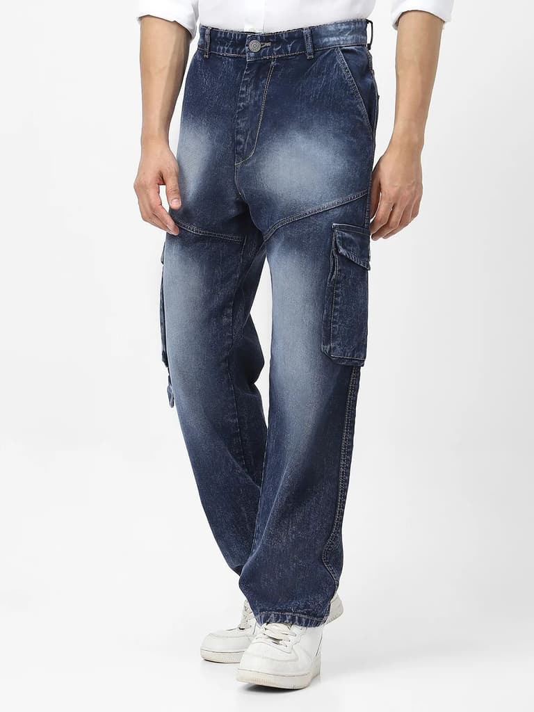 Men's Navy Loose Fit Cargo Jeans With 7 Pockets Non Stretchable — photo 2