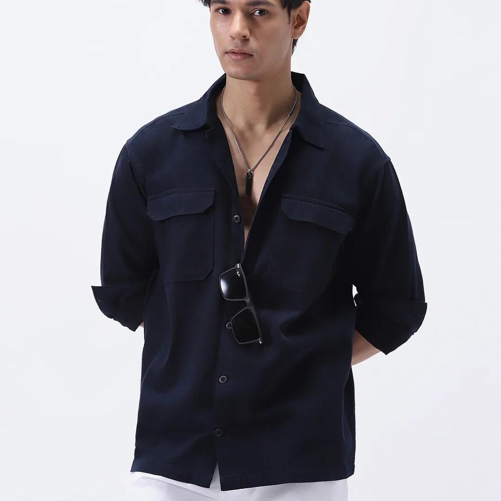 Men's Navy Cotton Full Sleeve Relaxed Fit Shacket with Utility Pockets
