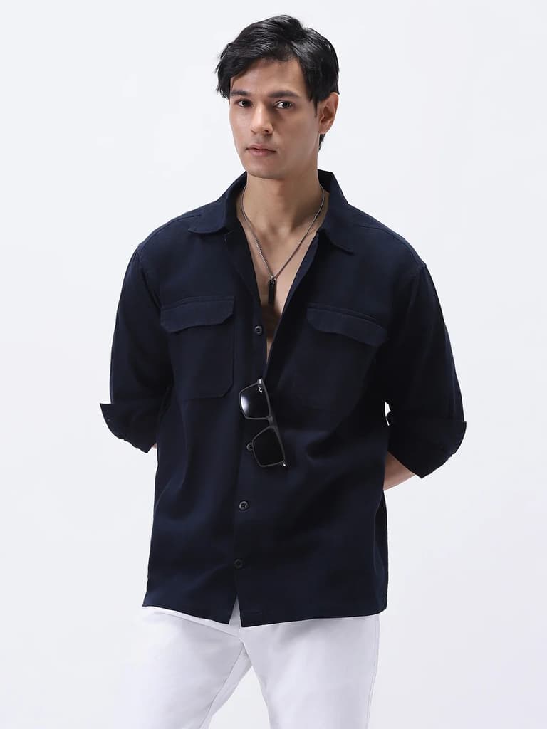 Men's Navy Cotton Full Sleeve Relaxed Fit Shacket with Utility Pockets — S / Navy