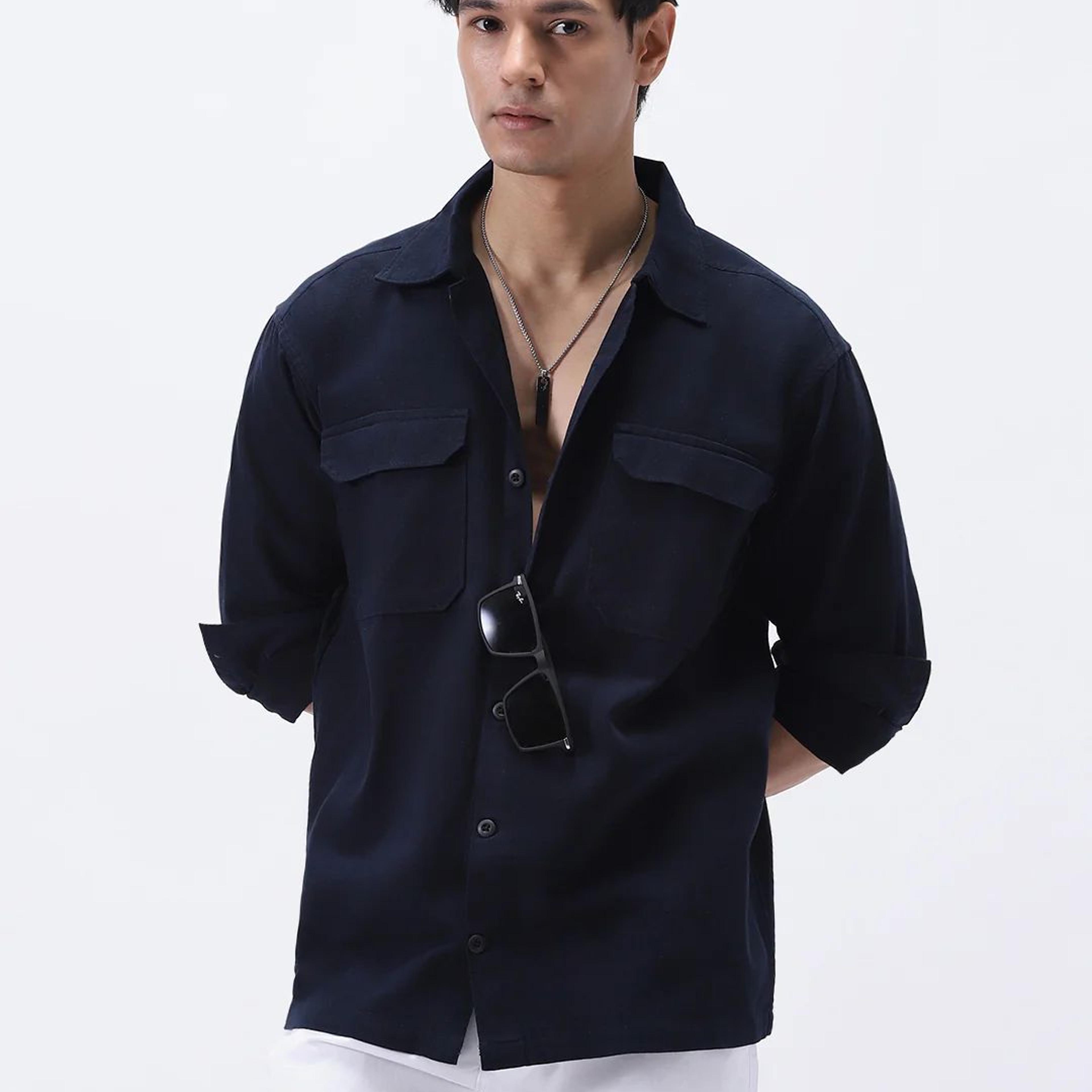 Men's Navy Cotton Full Sleeve Relaxed Fit Shacket with Utility Pockets