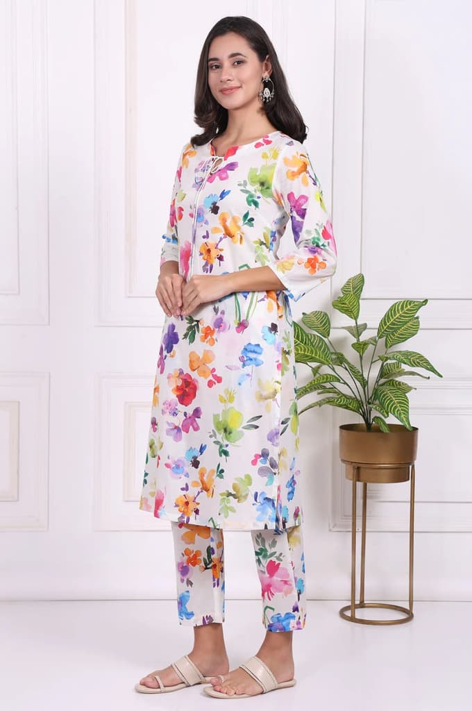 White Floral Printed Pure Cotton Straight Kurta and Straight Pants Set — photo 4