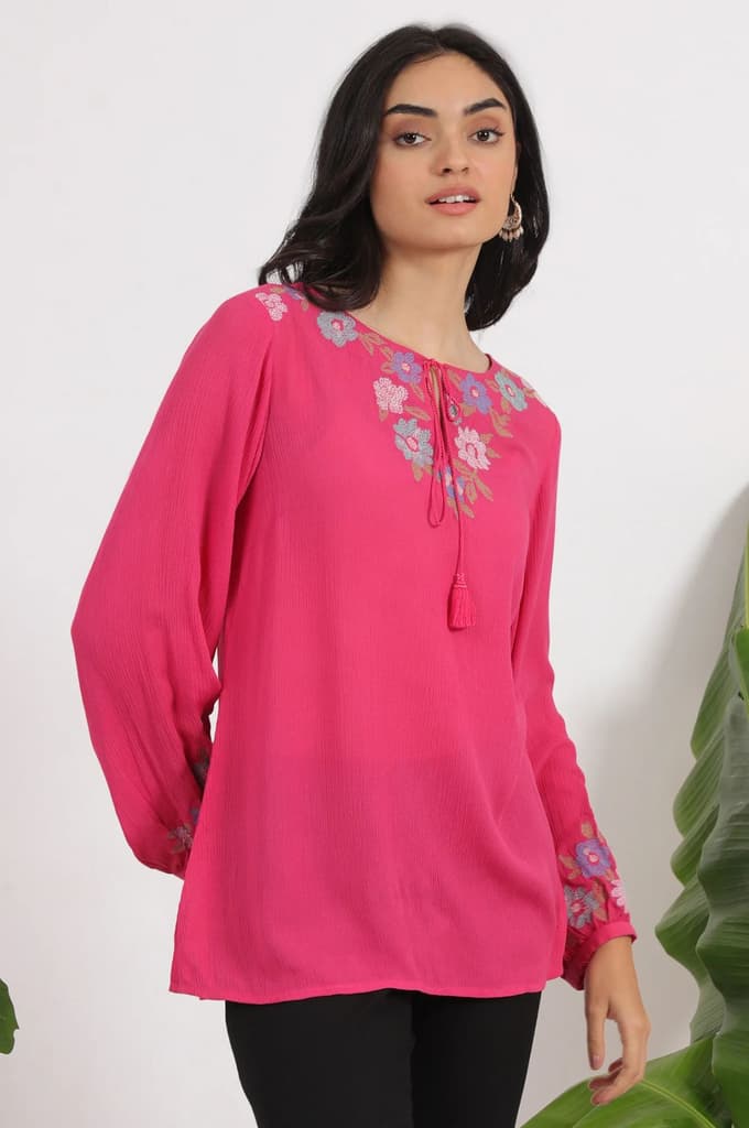 Pink Embroidered Rayon Crepe Straight Top — photo 7