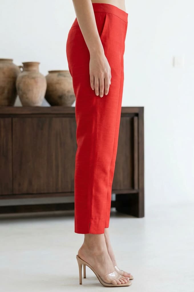 Red Solid Slim Fit Ankle Length Trousers — photo 5