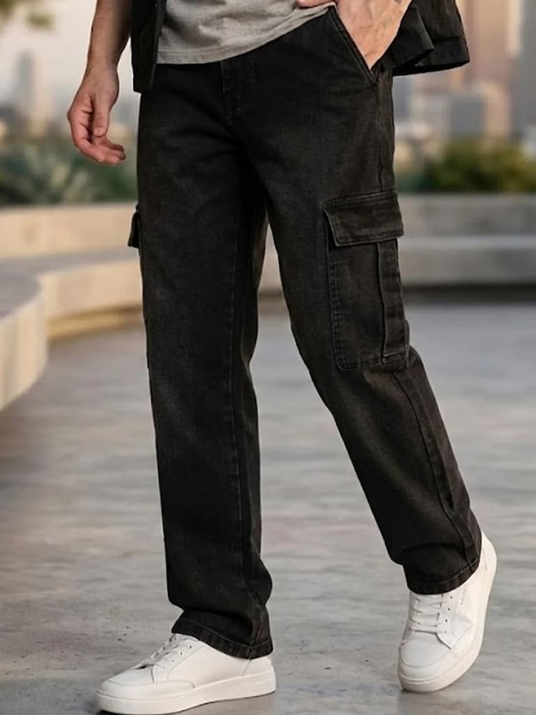 Men's Black Regular Fit Washed Cargo Jeans With 6 Pockets Stretchable — 28 / Black