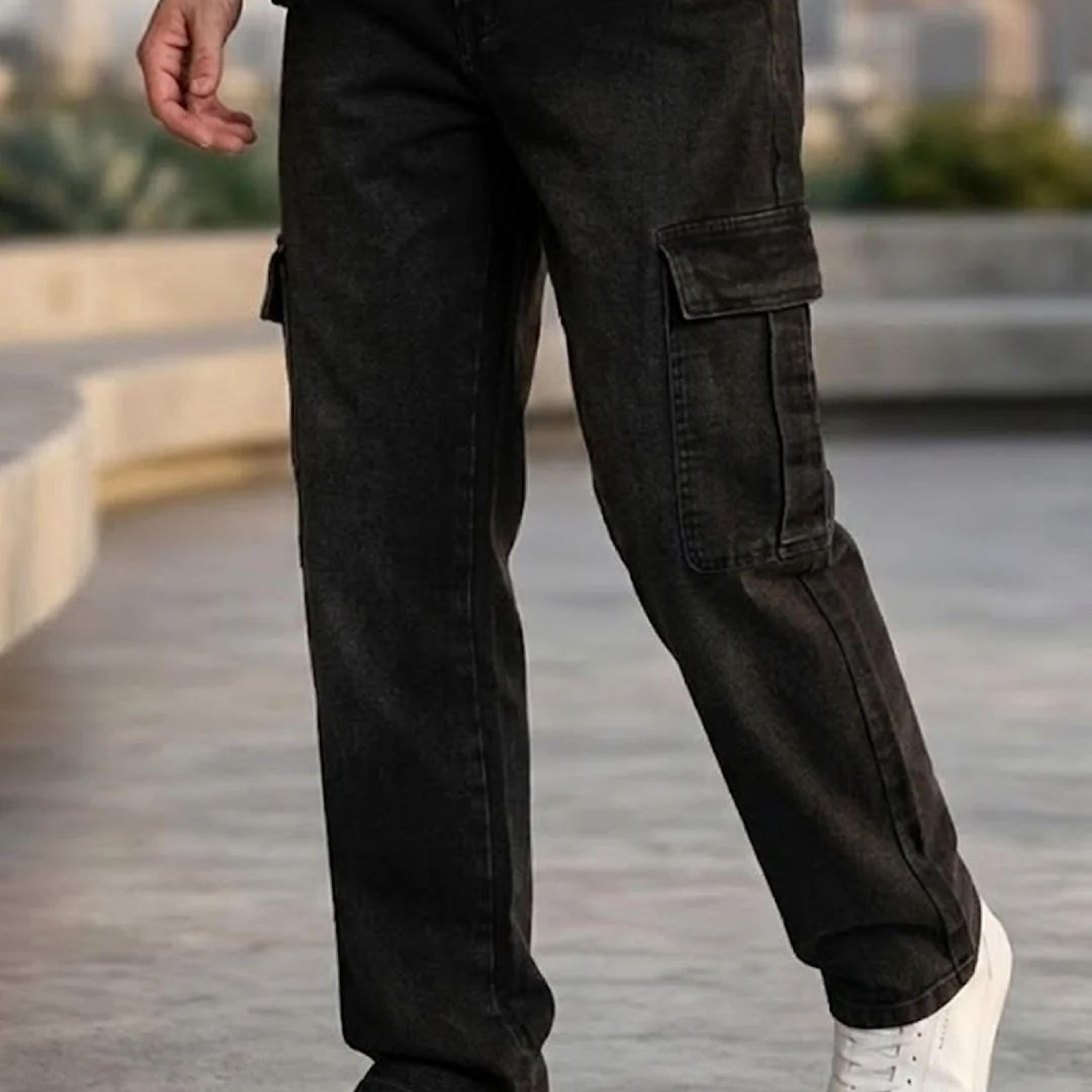 Men's Black Regular Fit Washed Cargo Jeans With 6 Pockets Stretchable