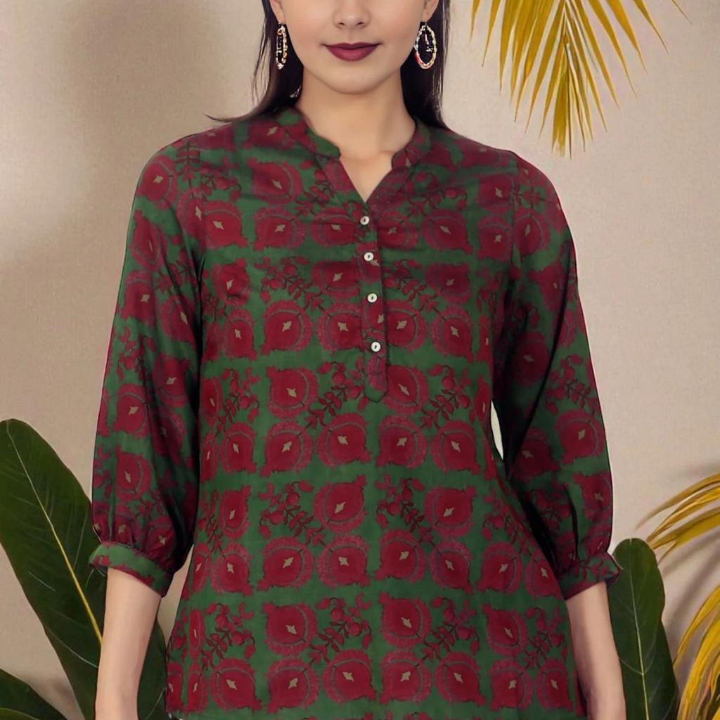 Green Printed Crepe Straight Top