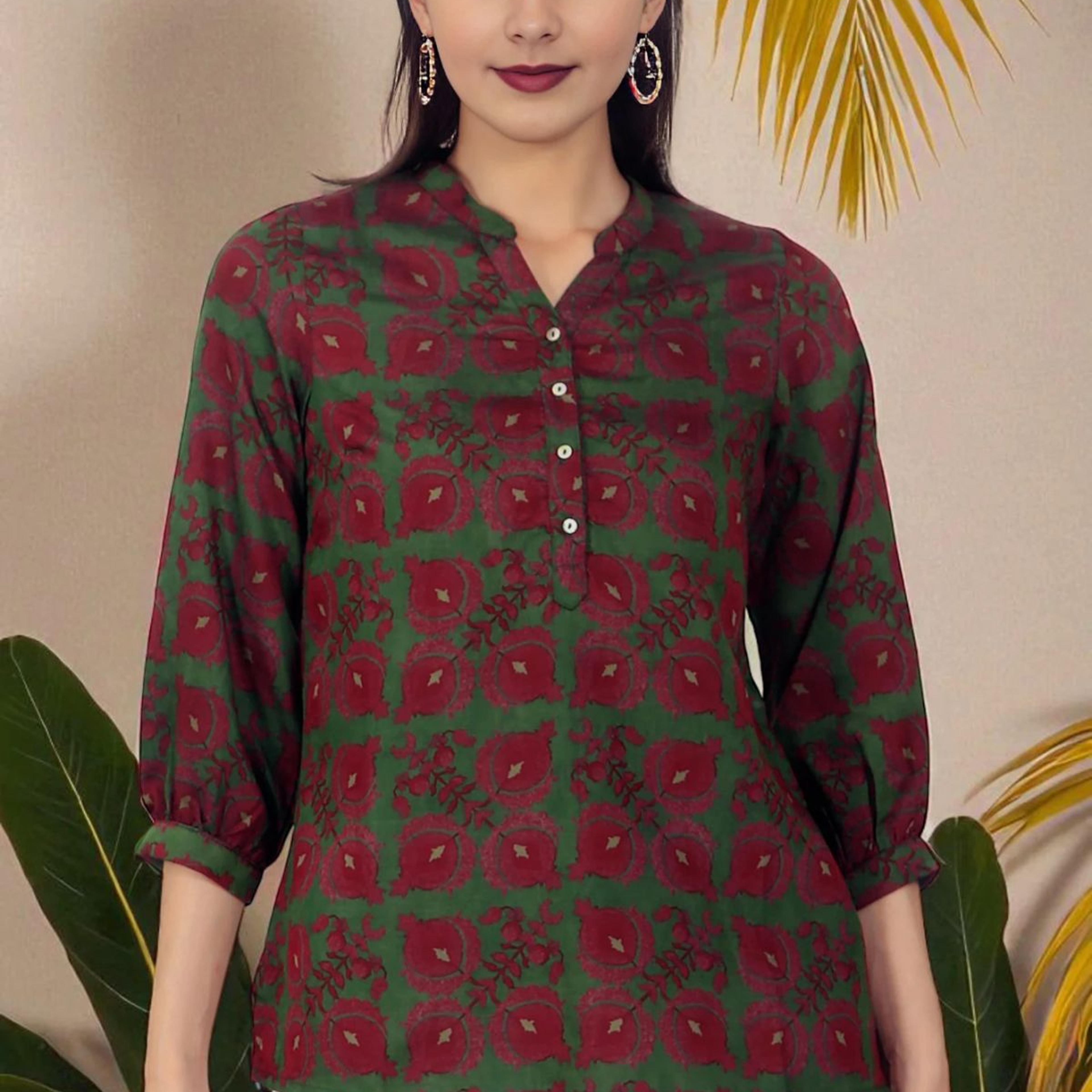 Green Printed Crepe Straight Top