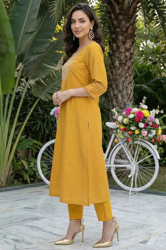 Mustard Embroidered A-Line Rayon Kurta — photo 4