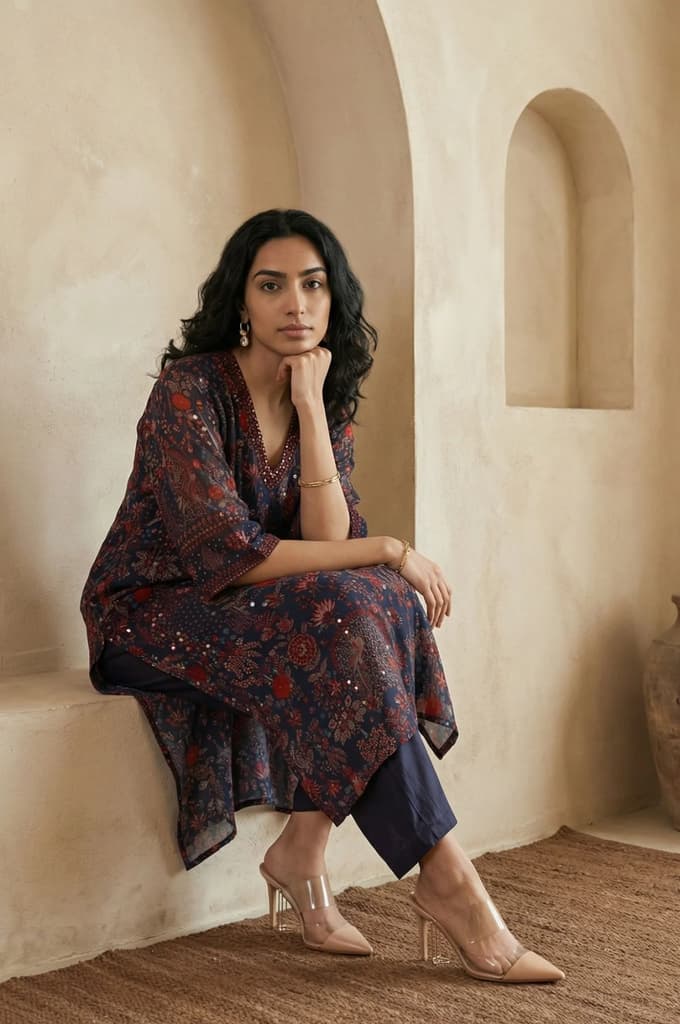 Navy Blue Floral Printed Georgette Straight Kurta with Parallel Pant Set — photo 2