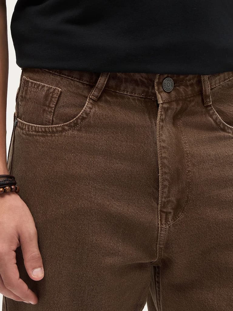 Men's Chocolate Brown Loose Baggy Fit Washed Denim Jeans Non-Stretchable — photo 5