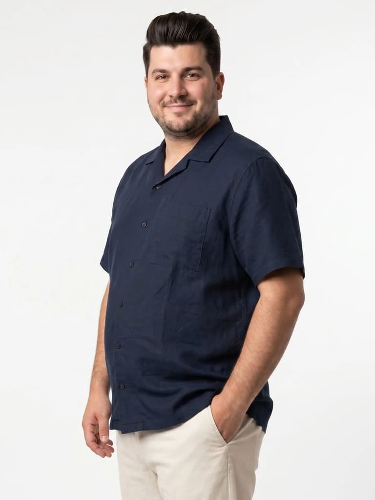 Plus Men's Navy Linen Half Sleeve Oversized Fit Shirt with Cuban Collar — photo 2