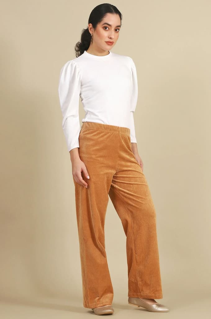 Brown Solid Straight Fit Cotton Pants With Elasticated Waist