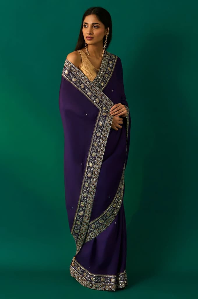 Purple Embroidered Zari Work Banarasi Satin Saree with Unstitched Blouse — FS