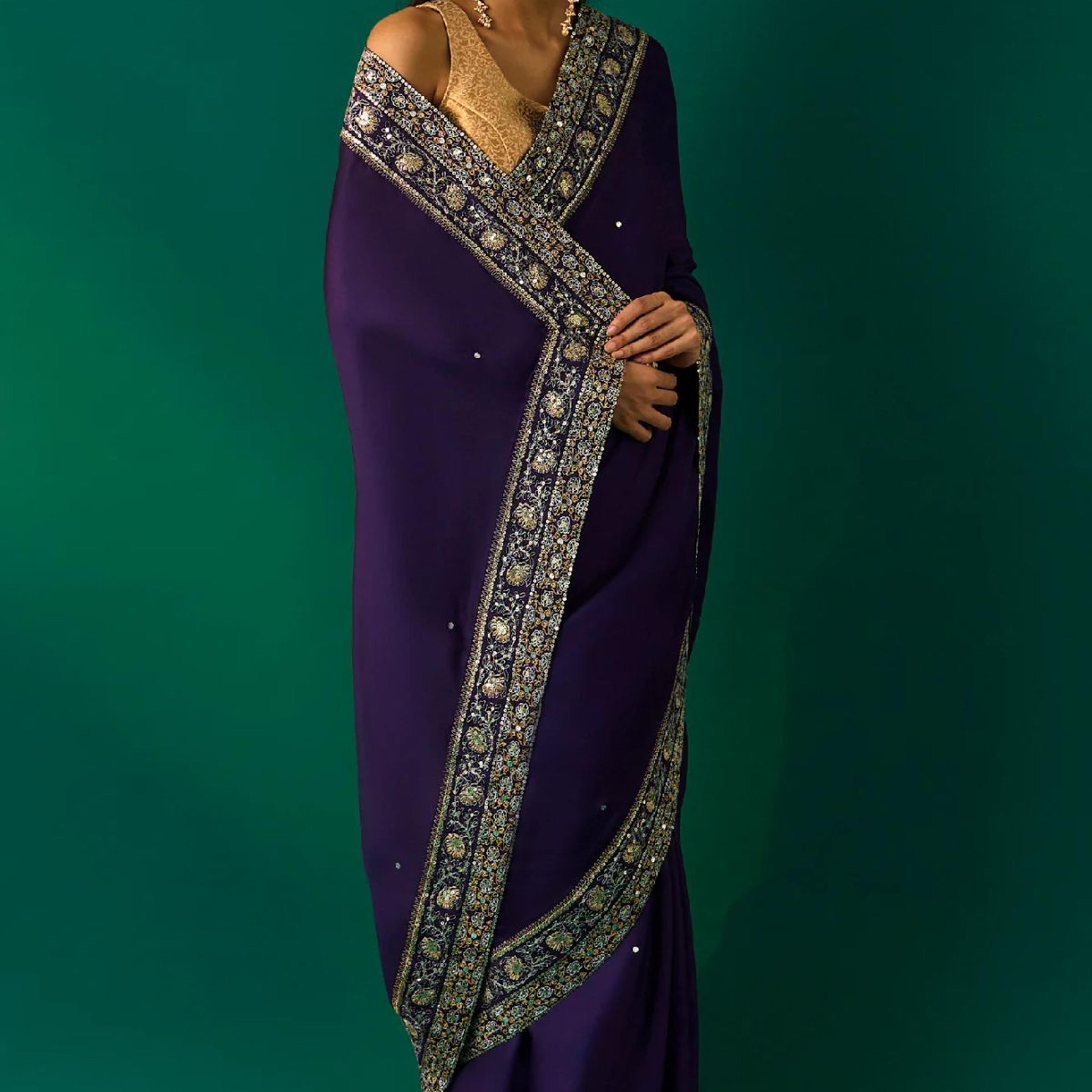 Purple Embroidered Zari Work Banarasi Satin Saree with Unstitched Blouse