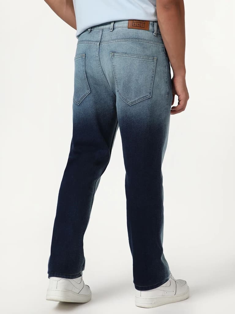 Men's Dark Blue Straight Fit Heavy Washed Faded Denim Jeans Stretchable — photo 3