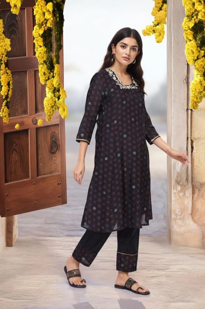 Black Embroidered A-Line Kurta with Straight Pant and Dupatta Set — photo 4