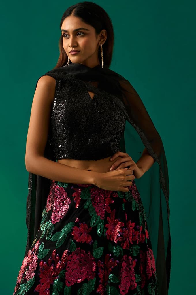 Black Sequin Embellished Straight Blouse with Skirt and Dupatta Set — photo 2
