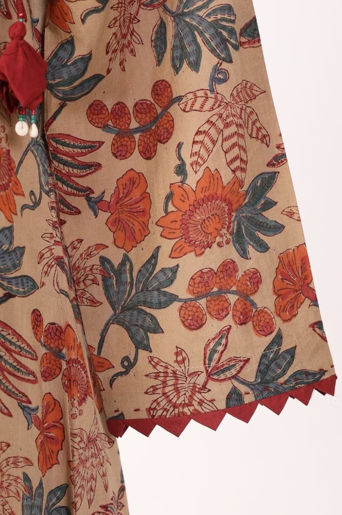 Beige Block Printed Tassel Pure Cotton A-line Kurta — photo 6