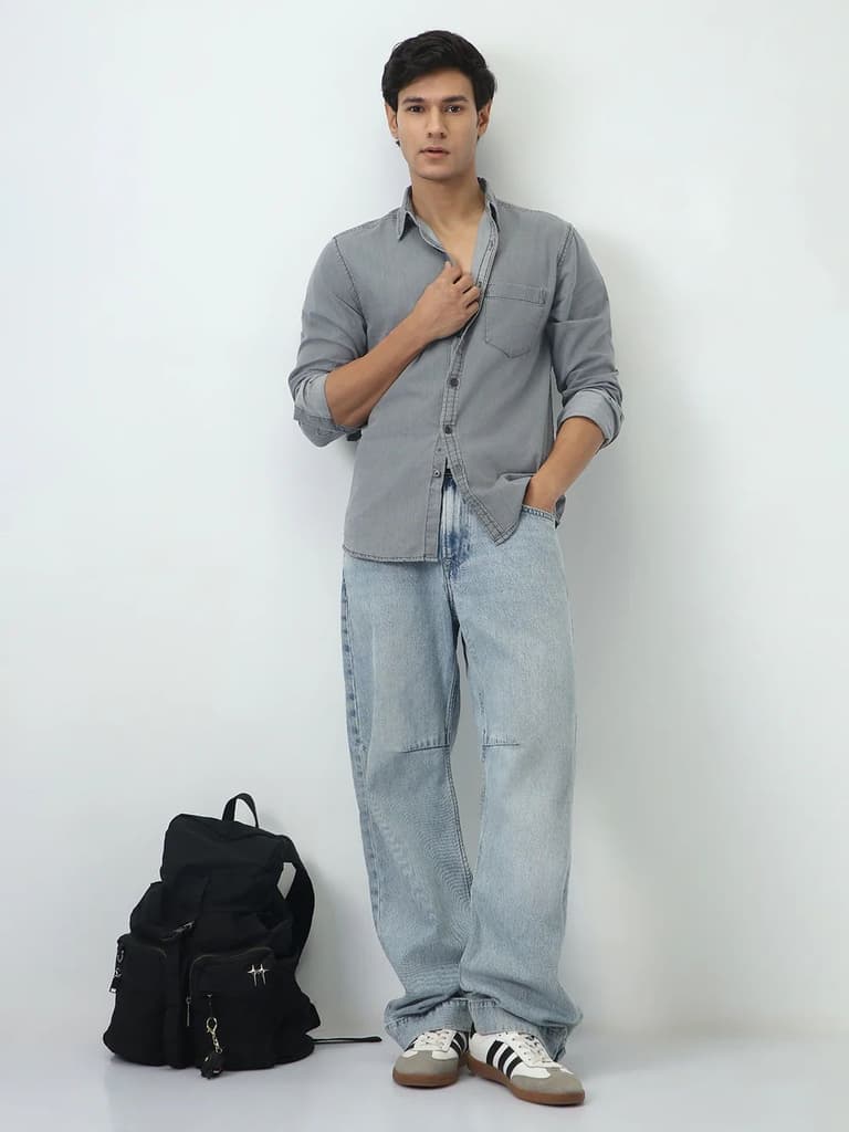 Men's Ice Grey Regular Fit Full Sleeve Solid Denim Shirt — photo 4