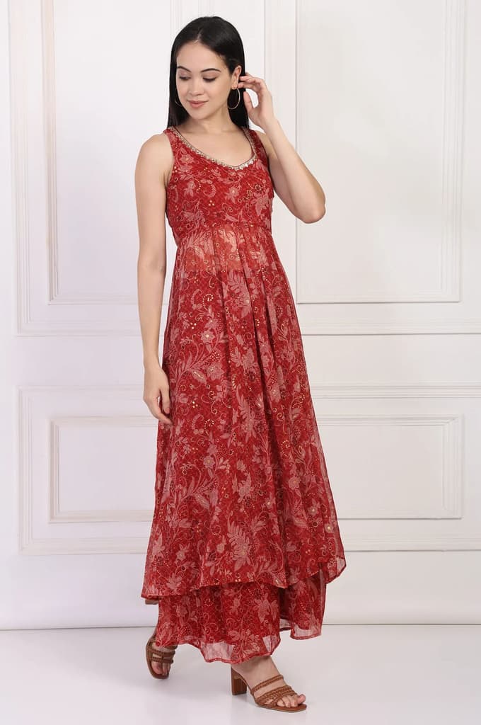 Red Floral Printed Lace Trim Anarkali Chiffon Kurta with Flared Pant and Dupatta Set — photo 6