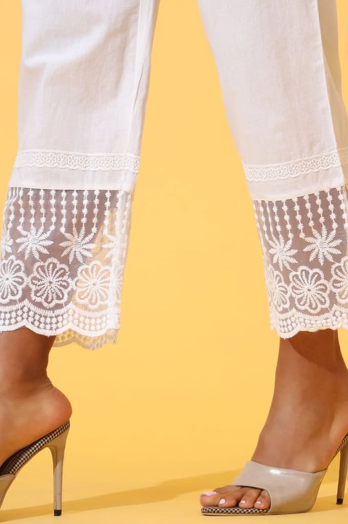 White Solid Pure Cotton Schiffli Embroidered Palazzo Pants — photo 7