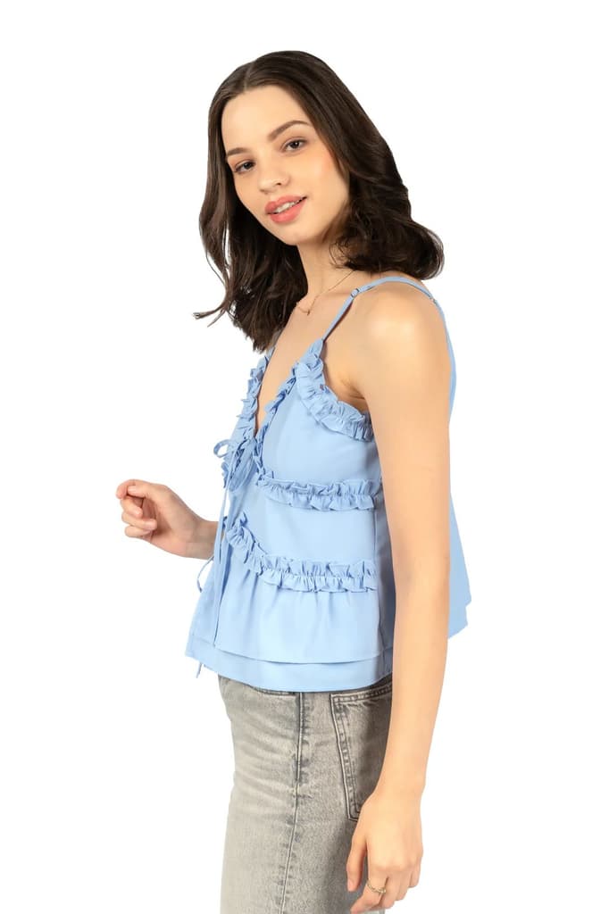 Blue Solid Sleeveless Fit & Flare Crop Top — photo 3
