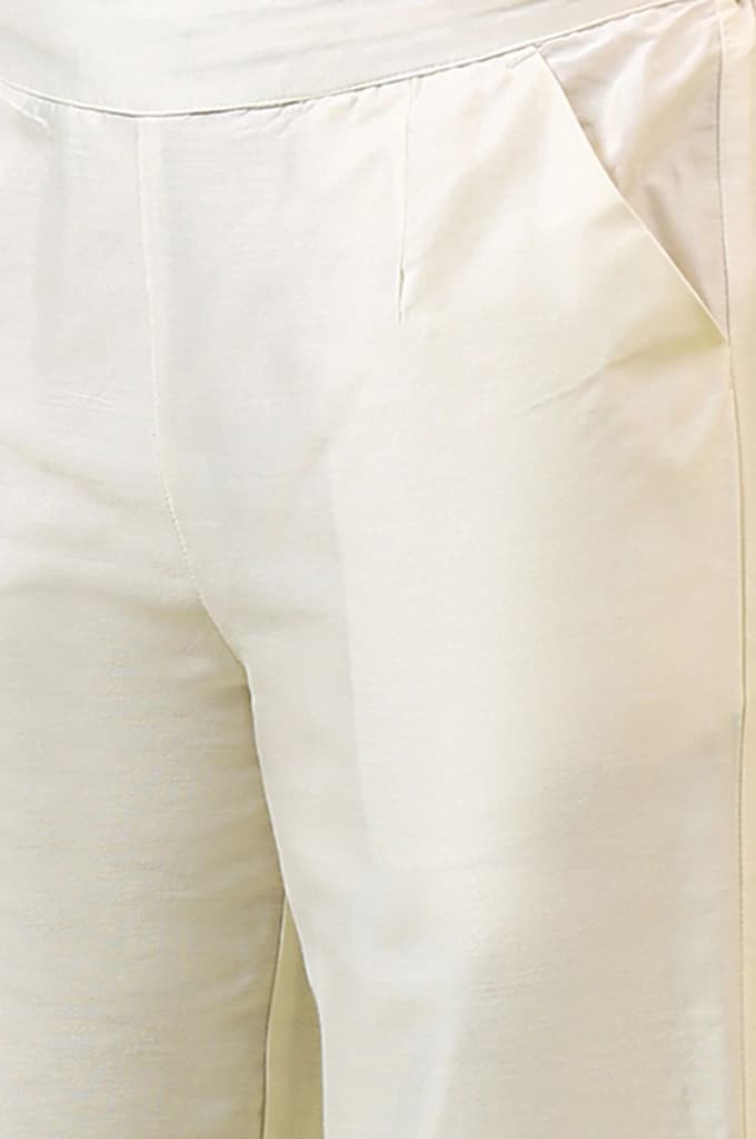 White Solid Mid-Rise Straight Pants with Embroidered Organza Scallop Hemline — photo 2