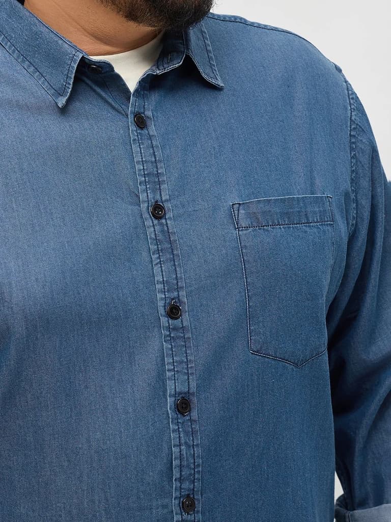 Plus Men's Blue Regular Fit Full Sleeve Solid Denim Shirt — photo 5