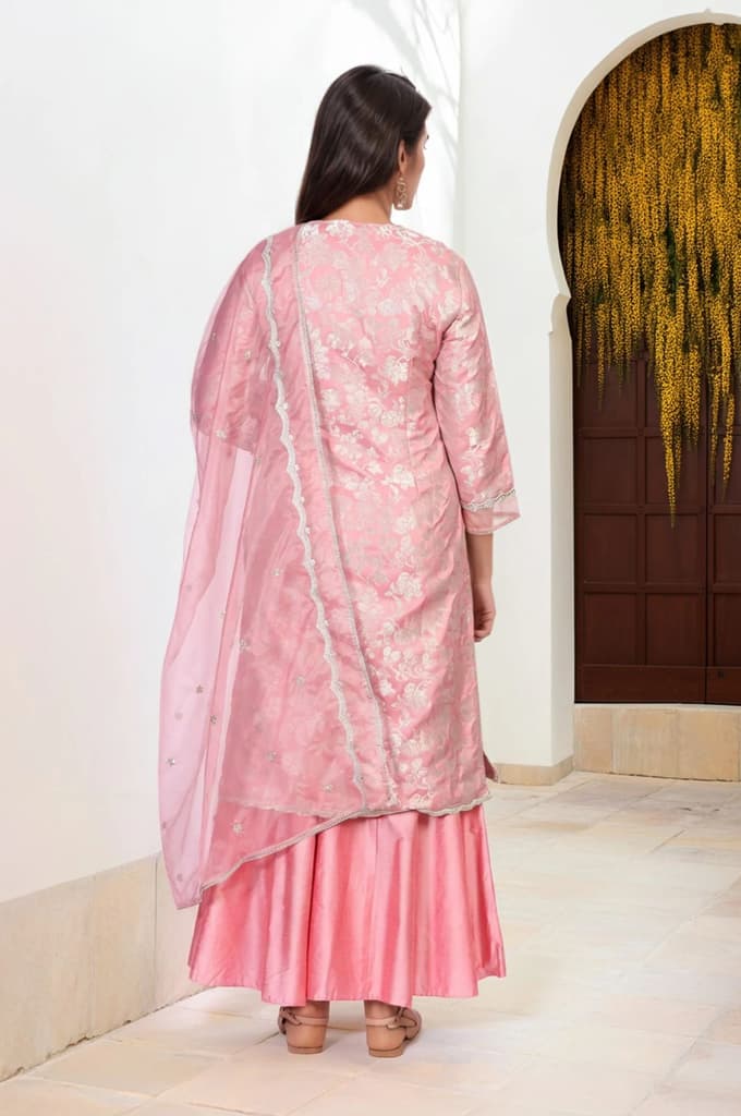 Pink Zari Jacquard Straight Kurta with Sharara and Dupatta Set — photo 6