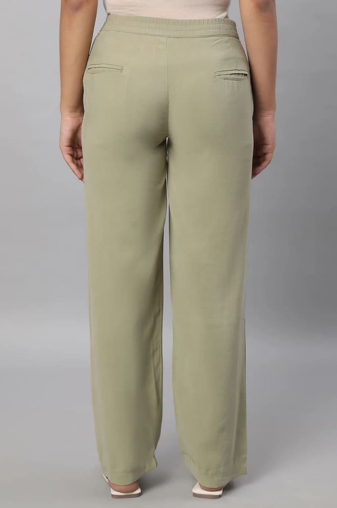 Muted Sage Green Solid Straight Fit Woven Pants With Pintuck Detail — photo 2