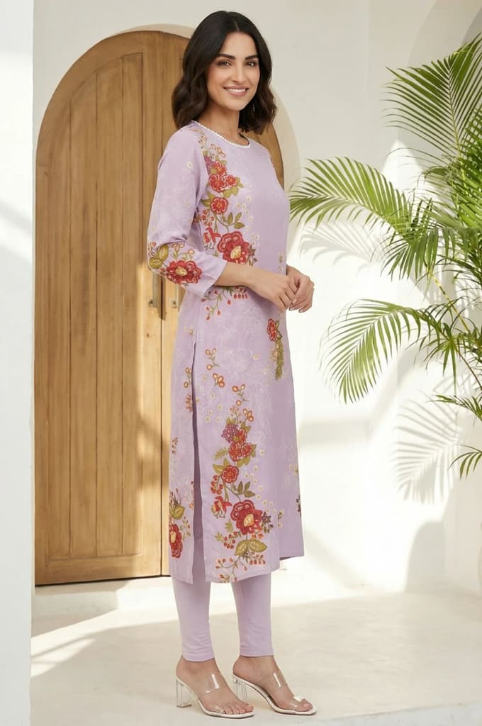 Lavender Floral Printed Lace Straight Kurta — photo 5