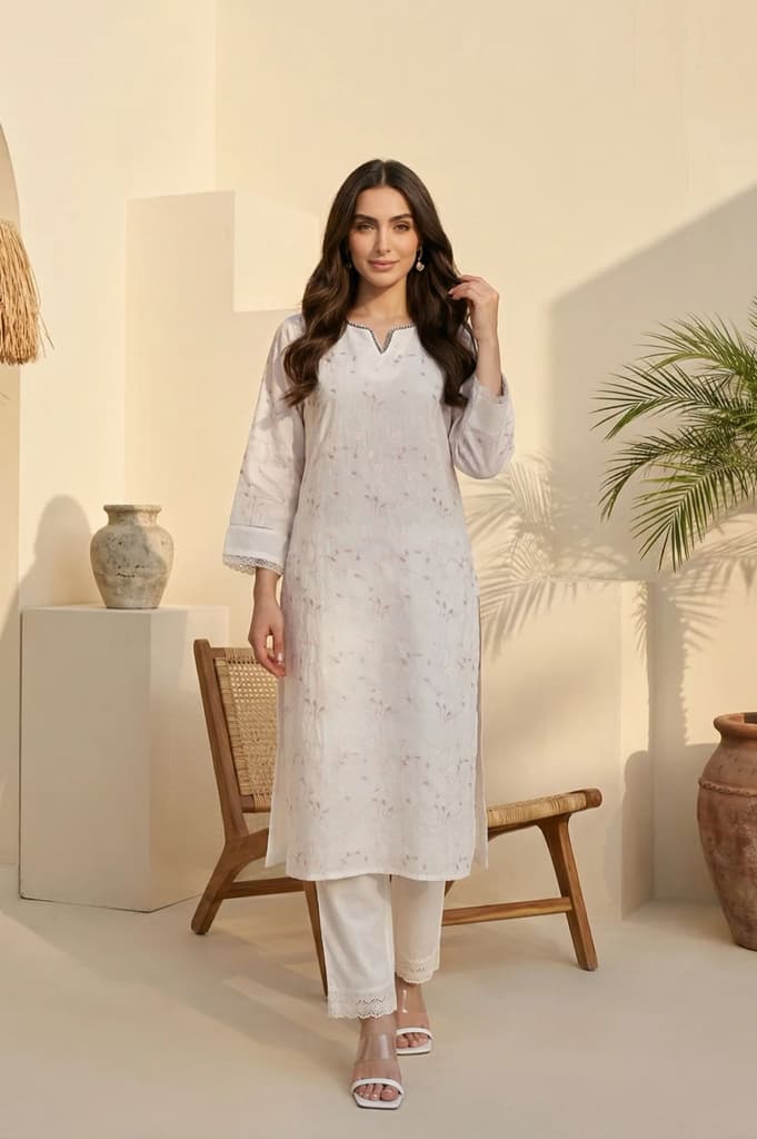 White Chikankari Embroidered Sequins Pure Cotton Straight Kurta — photo 2