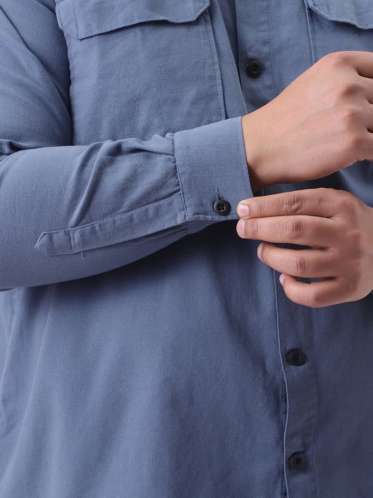 Plus Men's Blue Cotton Full Sleeve Relaxed Fit Shacket with Utility Pockets — photo 7