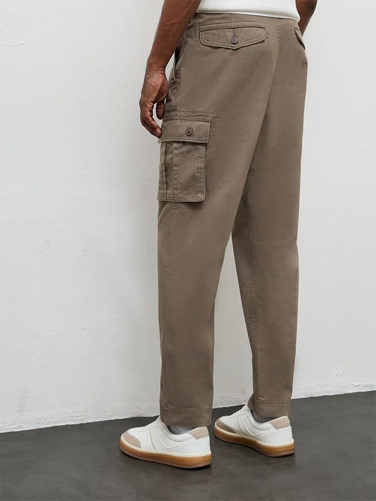 WES Casuals Dark Taupe Relaxed-Fit Mid-Rise Cotton Cargo Pants — photo 5