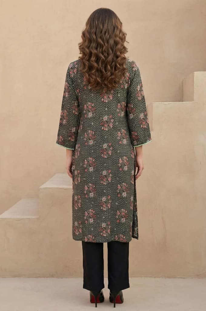 Black Floral Printed Rayon Straight Kurta — photo 4