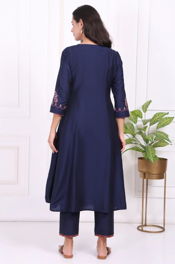 Navy Blue Embroidered Straight Kurta and Pants Co-ord Set — photo 5