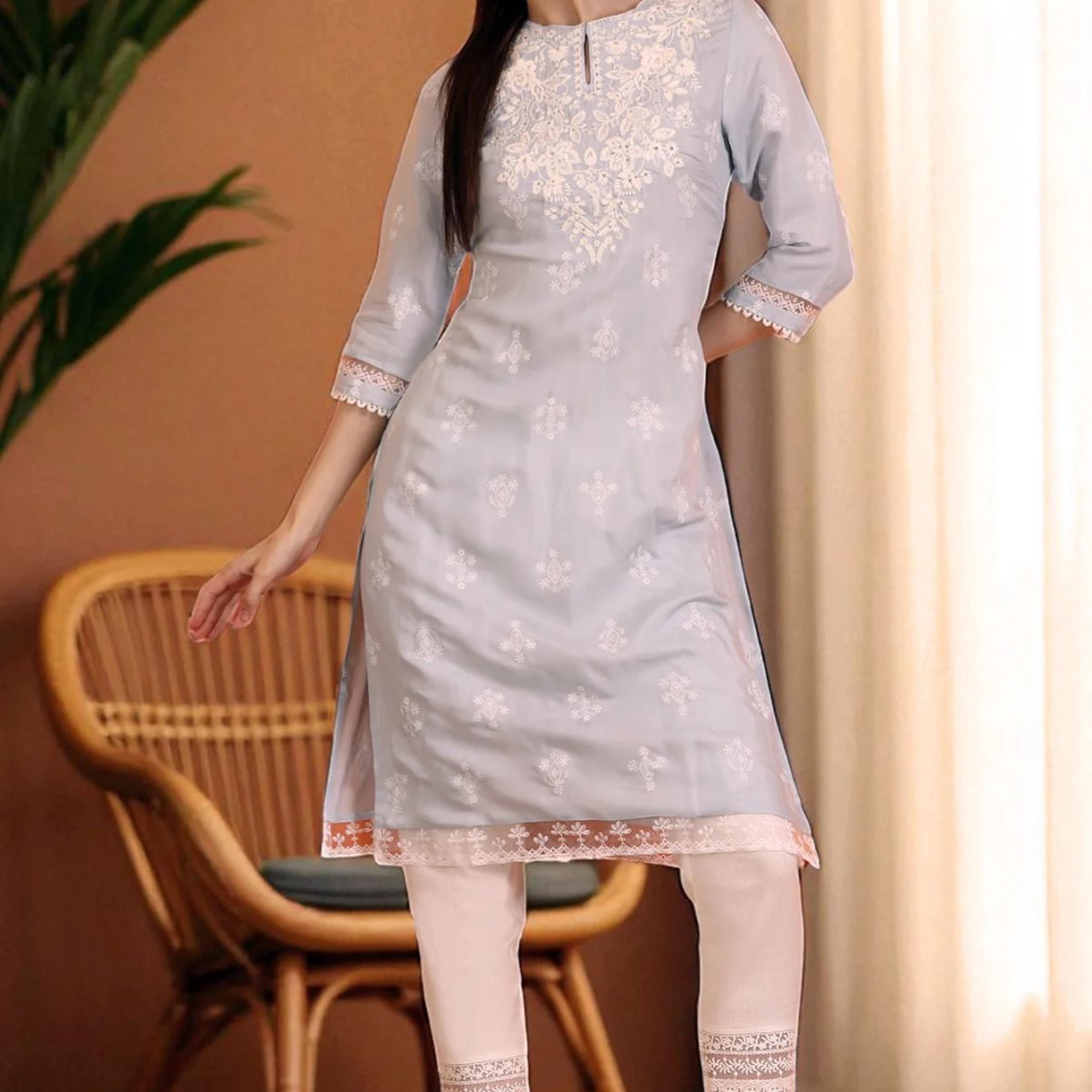 Powder Blue Embroidered Dull Shantung Straight Kurta