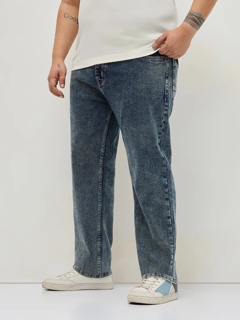 Plus Men's Blue Regular Fit Towel Washed Yellow Tint Denim Jeans Stretchable — photo 2