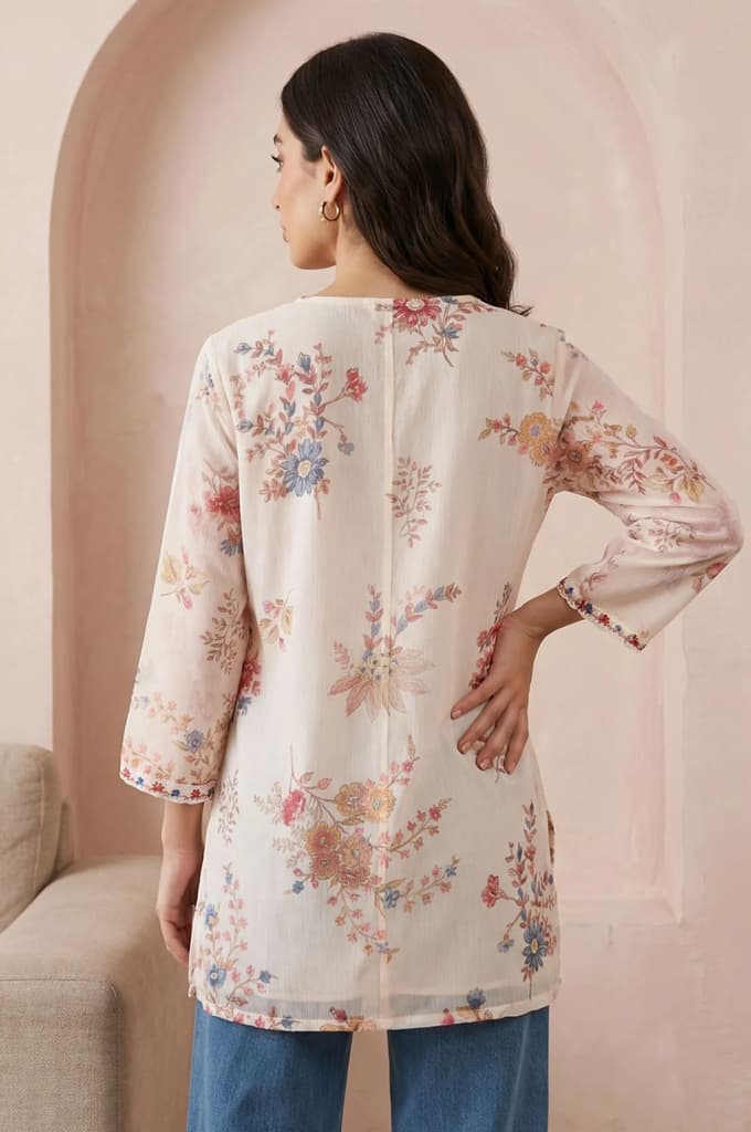 Off White Embroidered Chiffon Straight Top — photo 5