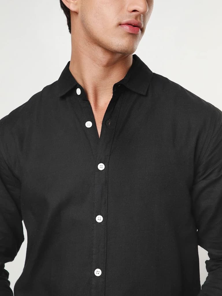 Men's Black Linen Blend Full Sleeve Relaxed Fit Casual Solid Shirt — photo 6