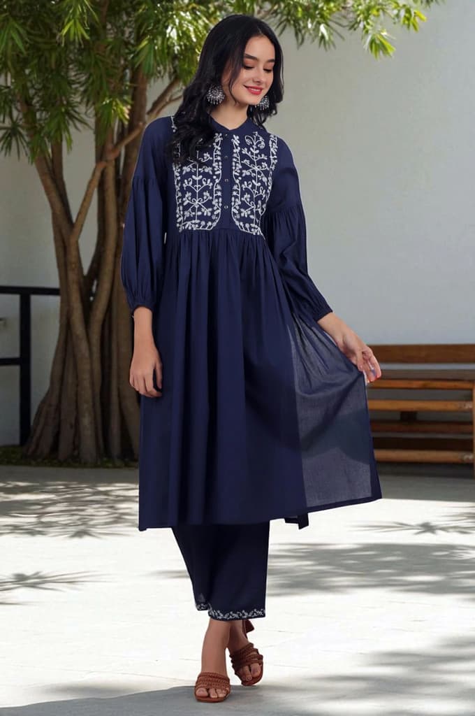 Navy Blue Embroidered Yoke Pure Cotton Kurta and Pants Co-ord Set