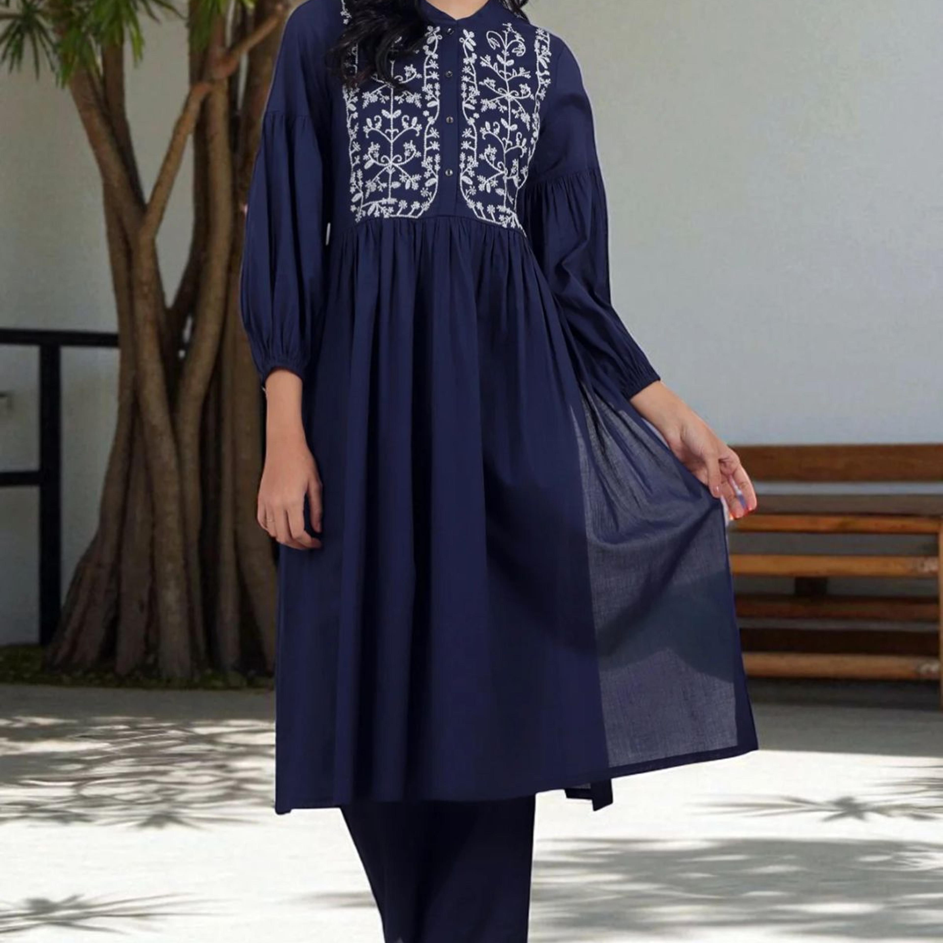 Navy Blue Embroidered Yoke Pure Cotton Kurta and Pants Co-ord Set