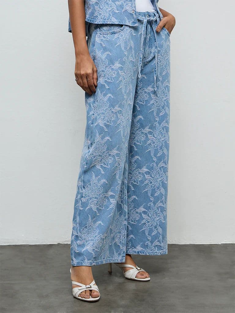 LOV Blue Floral Embroidered High-Rise Jeans with Belt — photo 2