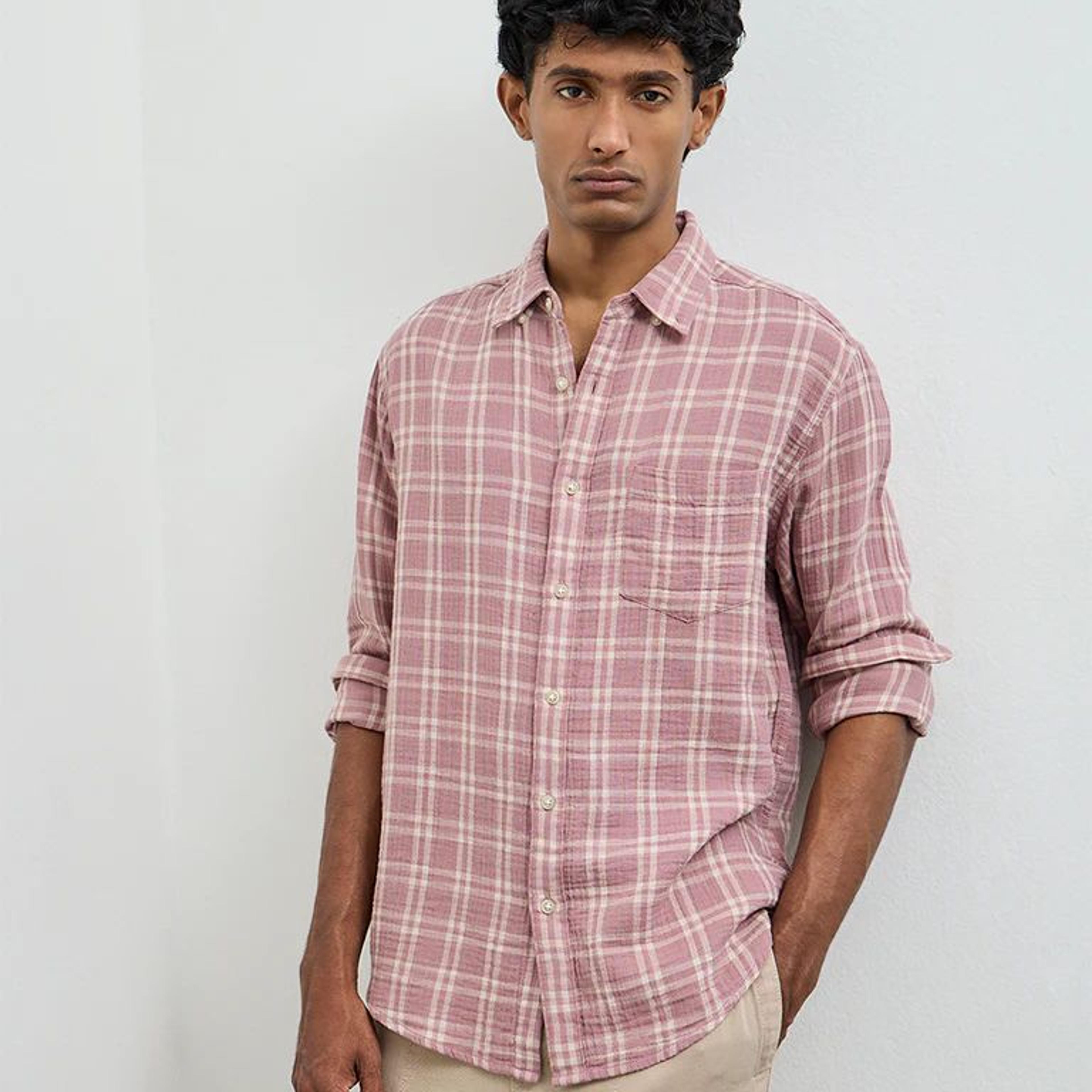 WES Casuals Dusty Pink Checks Relaxed-Fit Cotton Shirt