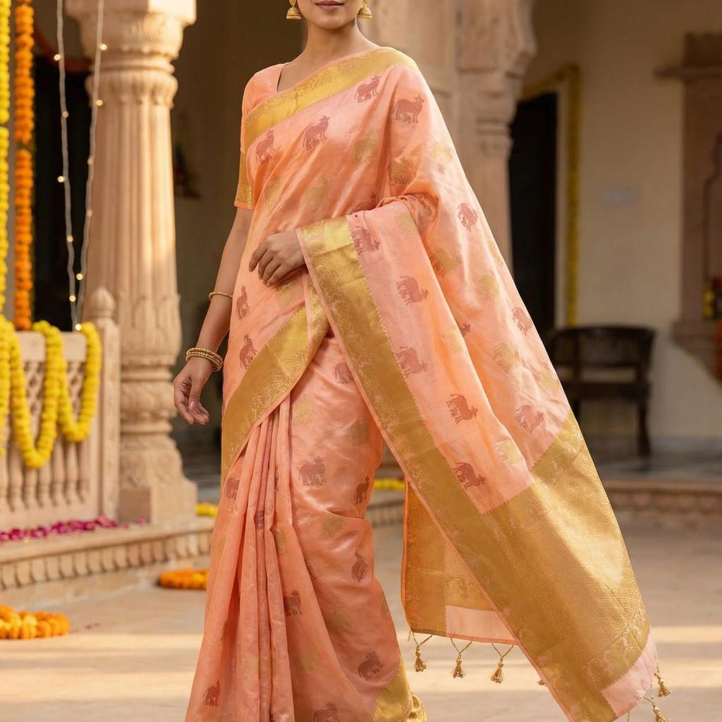 MIMOSA Women's Woven Design Banarasi Style Raw Silk Saree with Blouse Piece - Peach ( SA00003136PCFREE )