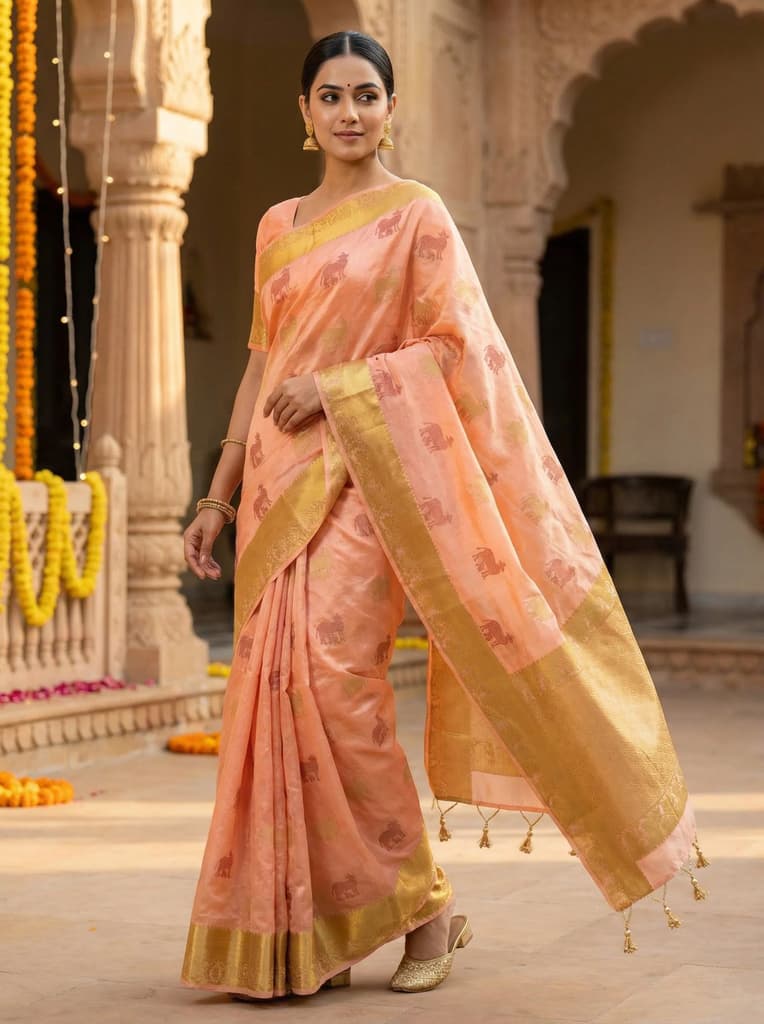 MIMOSA Women's Woven Design Banarasi Style Raw Silk Saree with Blouse Piece - Peach ( SA00003136PCFREE ) — Default Title